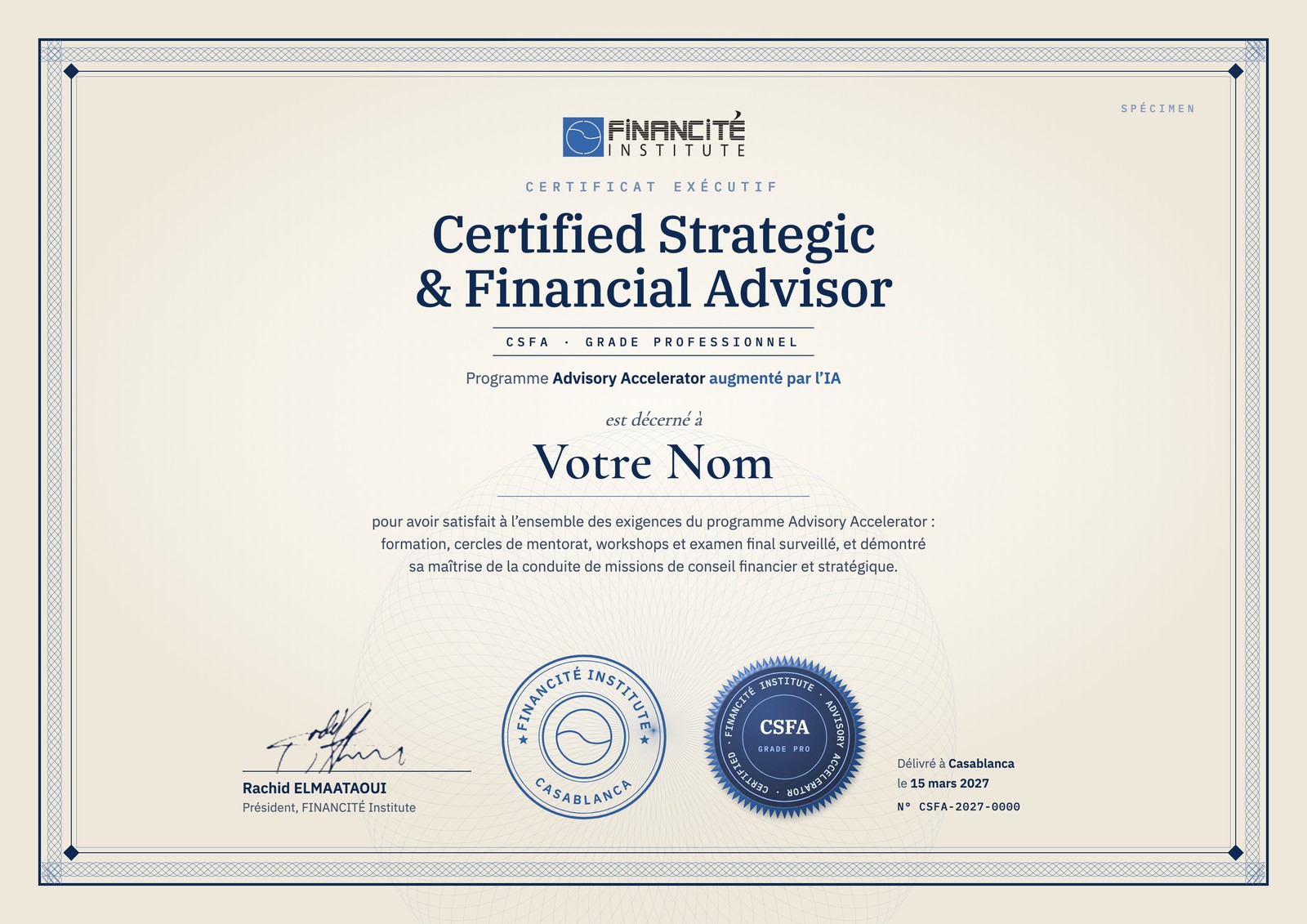 Spécimen du certificat Advisory Accelerator augmenté par l’IA, qui confère le titre de Certified Strategic & Financial Advisor (CSFA)